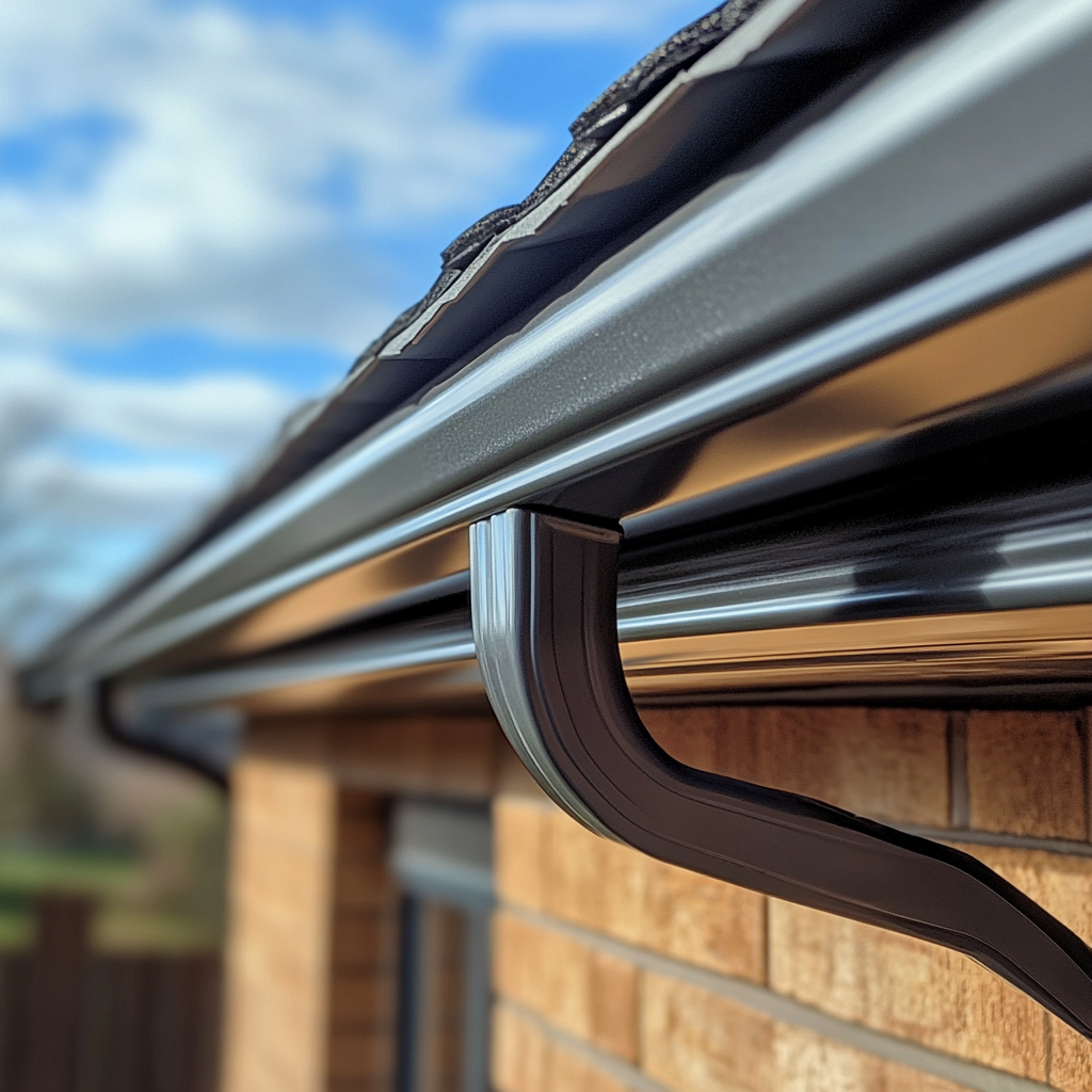 Seamless dark gutter and downspout running along a shingled roof on a Bozeman home